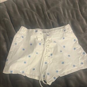 White embroidered jean Shorts cutest soft stretchy cotton adjustable tie waist